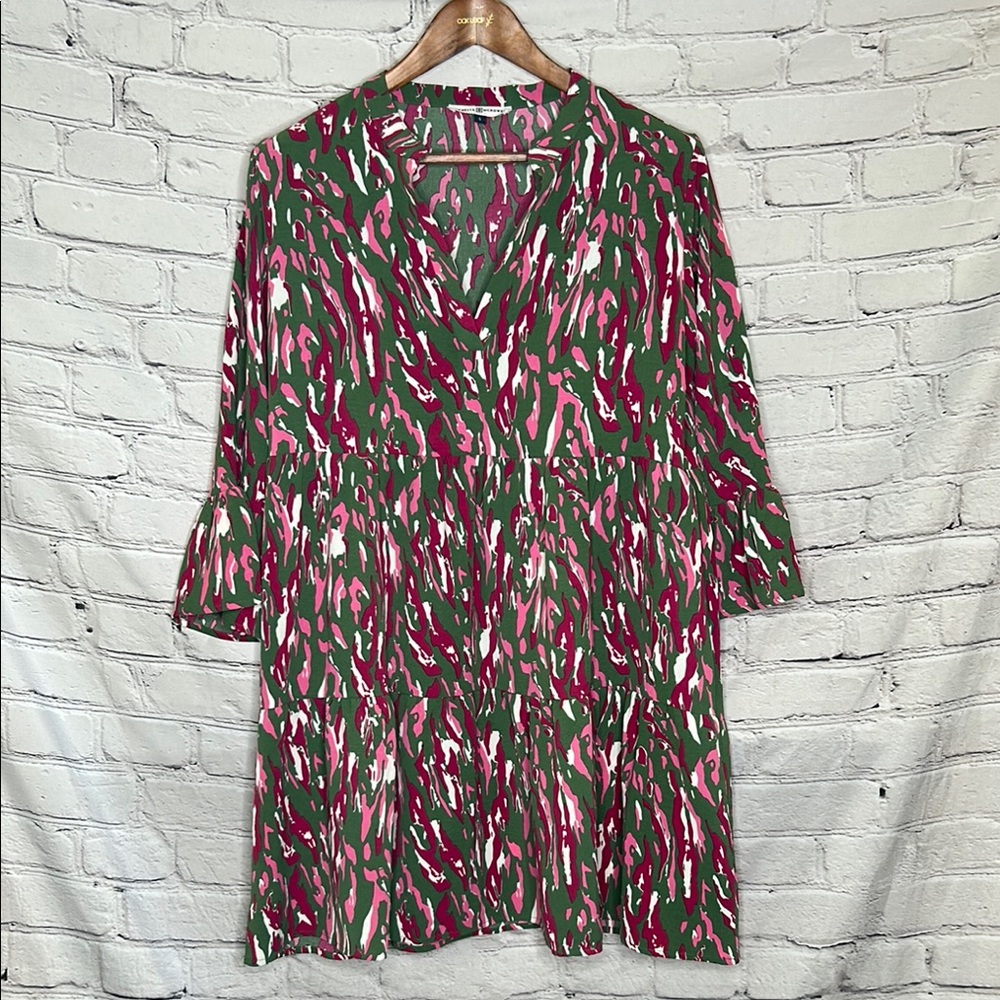 Michelle McDowell Green Pink V-Neck Long Sleeve Dress Size Small